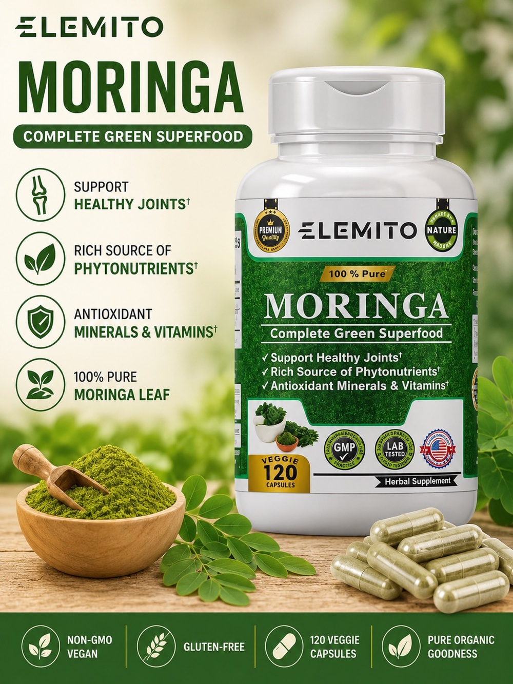 60 capsules Elemito Moringa Complete Green Superfood - Green